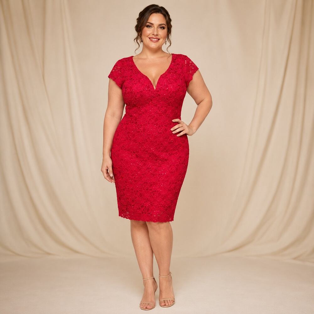 Connected Apparel Lace Sequin Dress Sz 16 Red Lace Sequin Romantic Cocktail Y2K